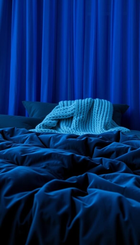 A serene, layered composition of rich blue textiles and fabrics. In the foreground, a plush velvet duvet cascades over a cozy bed, its deep navy hues accentuated by soft, diffused lighting. In the middle ground, a chunky knit throw in a lighter azure tone drapes elegantly, its intricate patterns adding depth and visual interest. Behind, sheer organza curtains in a striking cobalt blue billow gently, creating a sense of movement and a tranquil, enveloping atmosphere. The overall scene conveys a feeling of luxurious comfort and relaxation, perfectly suited to illustrate the "Layer on Textures and Fabrics for a Plush Feel" section.