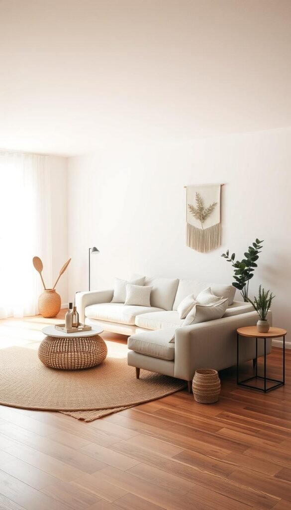 A serene living room bathed in soft, natural lighting. A minimalist aesthetic with clean lines and a decluttered, open floor plan. The focal point is a sleek, low-profile sofa surrounded by minimalist, geometric decor elements. Wooden floors and a neutral color palette create a calming, harmonious ambiance. Subtle textures, such as a woven area rug and a simple, botanical wall hanging, add depth without visual clutter. The overall impression is one of elegant simplicity, with ample negative space allowing the room to breathe and the eye to rest.