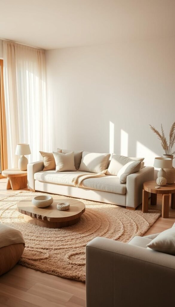 A serene living room in natural tones and organic textures. The focal point is a large, inviting sofa in a neutral beige, complemented by a plush, earthy area rug. Soft natural light filters through sheer curtains, casting a warm glow on the space. Wooden end tables and a minimalist coffee table anchor the scene, their grain and hue blending seamlessly. Accents of stone, linen, and woven elements create a cohesive, calming ambiance. The overall impression is one of quiet sophistication and understated luxury, reflecting the tranquil harmony of the space.