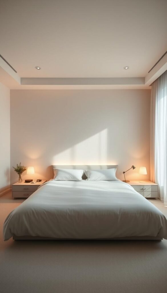 A serene, minimalist bedroom bathed in soft, ambient lighting. The focal point is a large, uncluttered bed framed by minimalist bedside lamps that cast a warm, cozy glow. The room has clean lines, with a neutral color palette and sparse, carefully-curated decor. A large window floods the space with diffused natural light, creating a sense of tranquility and relaxation. The lighting is designed to highlight the architectural details and create a harmonious, calming atmosphere - a true sanctuary for rest and rejuvenation.
