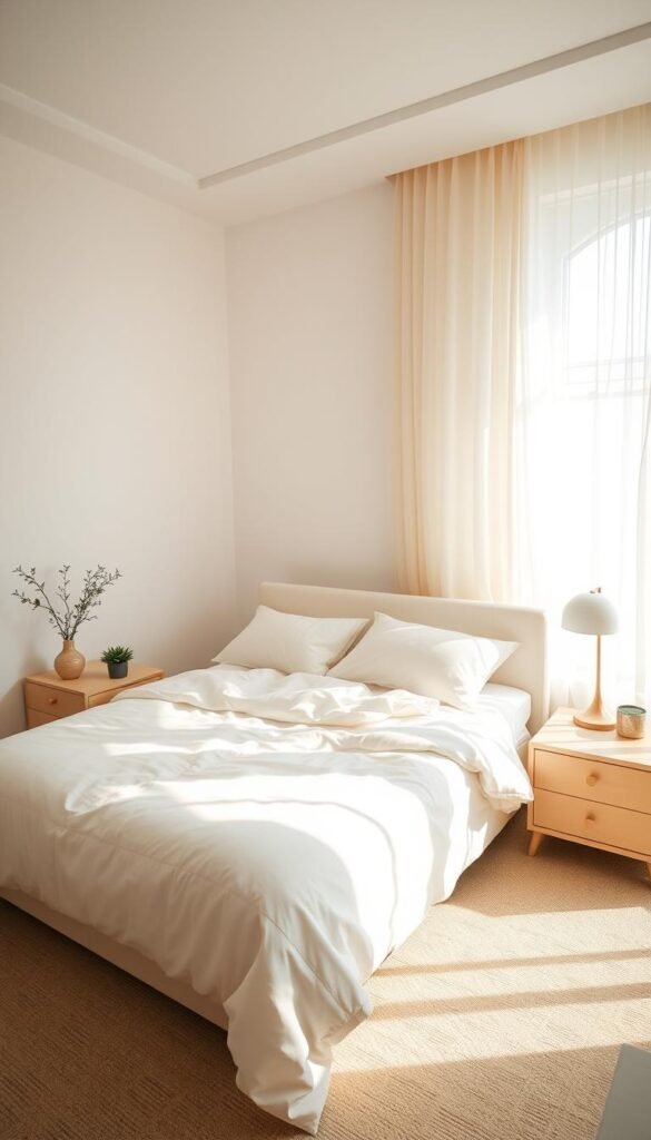 A serene, minimalist bedroom in soothing neutral tones. Soft, diffused natural lighting filters through gossamer curtains, casting a warm glow on the clean lines of the bed frame and nightstands. Uncluttered surfaces showcase a few carefully curated decor pieces, like a potted plant and a simple table lamp. The overall atmosphere is one of tranquility and calm, inviting rest and relaxation. The camera angle is eye-level, capturing the space in a balanced, harmonious composition.