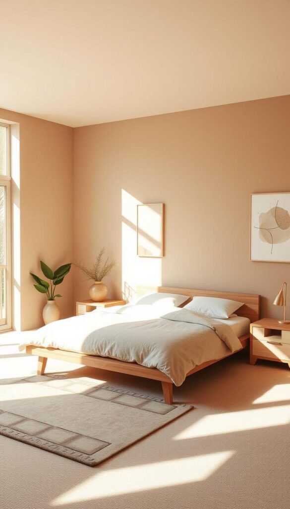A serene, minimalist bedroom interior in soft, harmonious hues. The room is bathed in warm, natural lighting filtering through large windows, creating a calming ambiance. The walls are painted in a muted, earthy tone, complemented by textured neutral fabrics and furnishings. A plush area rug in a subtle pattern anchors the space, while a low, wooden bed frame and nightstands provide understated elegance. Potted plants and a single piece of abstract wall art add subtle pops of color, enhancing the overall sense of tranquility. The overall composition evokes a soothing, restorative atmosphere that reflects the psychological impact of color in interior design.
