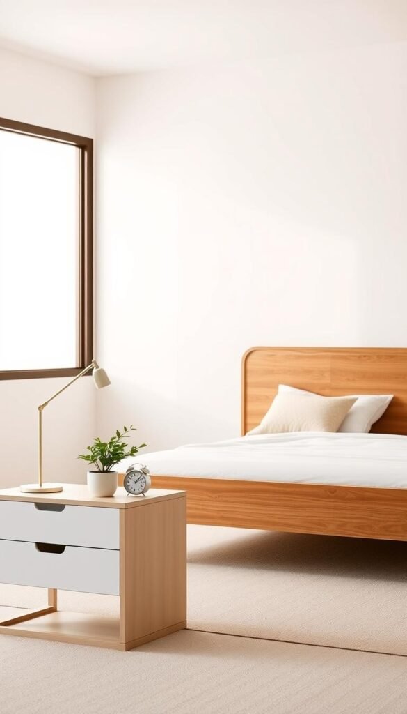 A serene, minimalist bedroom, with clean lines and a calm atmosphere. In the foreground, a neatly organized nightstand displays a few essential items - a sleek lamp, a small plant, and a simple alarm clock. The middle ground showcases a minimalist wooden bed frame, with crisp white bedding and a single decorative pillow. The background features bare, off-white walls, accentuating the sense of tranquility and simplicity. Soft, diffused lighting from a large window creates a warm, natural glow, enhancing the overall Japandi-inspired aesthetic. The overall composition exudes a sense of order and intentionality, perfectly capturing the essence of a minimalist bedroom.