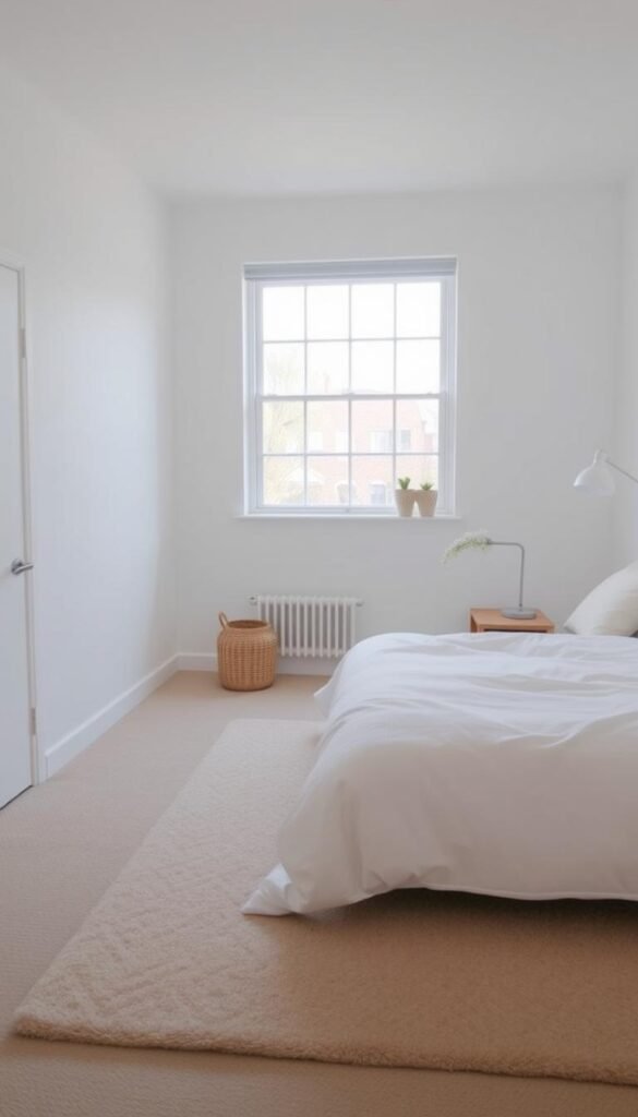 A serene, minimalist bedroom with clean lines and a calming atmosphere. The space is decluttered, featuring a neatly made bed with crisp white linens, a few carefully selected decor pieces, and a large window letting in soft, natural light. The walls are painted in a soothing neutral tone, and the floors are covered in a plush, neutral-toned rug. The room has a sense of tranquility and clarity, creating a haven for relaxation and unwinding. The overall composition evokes a sense of simplicity and serenity, reflecting the theme of a decluttered and calming bedroom space.