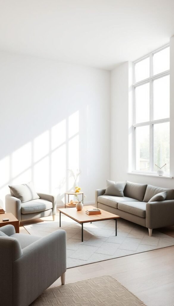 A serene, minimalist living room bathed in natural light. A large window fills the frame, casting a soft, diffused glow throughout the space. Clean, white walls provide a blank canvas, while a muted grey sofa and matching armchair invite relaxation. A sleek, wooden coffee table and minimalist decor accents create a calming, uncluttered atmosphere. The room is photographed from an angle that highlights the interplay of light and shadow, emphasizing the streamlined, contemporary aesthetic. Gentle natural highlights add depth and dimension, creating a tranquil, inviting ambiance.