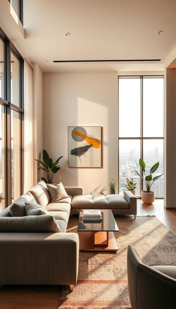A serene, minimalist luxury living room with a contemporary design aesthetic. Sunlight filters through large windows, casting a warm glow on the neutral-toned furnishings. A plush, muted gray sectional sofa dominates the foreground, accentuated by clean-lined wooden end tables and a sleek, glass-topped coffee table. In the middle ground, a striking abstract artwork hangs on the off-white walls, complemented by subtly textured rugs and potted plants. The background features a panoramic view of a picturesque cityscape, hinting at the sophisticated urban setting. The overall atmosphere conveys a sense of refined elegance and understated luxury.