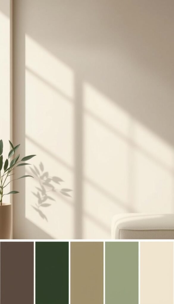 A serene, minimalist palette of luxurious hues: a muted, yet sophisticated, blend of soft beiges, muted greys, and deep, sultry greens. Captured in natural light with a shallow depth of field, the colors appear subtly layered, creating a sense of depth and tranquility. The composition emphasizes clean lines, elegant textures, and a harmonious balance, evoking a refined, elevated atmosphere perfect for a minimalist luxury living room design.