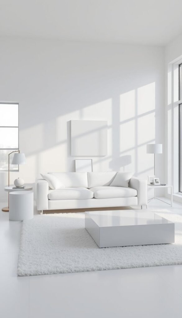A serene, minimalist white living room with clean lines and natural light. Bright, airy space with large windows allowing soft, diffused sunlight to bathe the room. A single, low-profile white sofa anchors the room, flanked by sleek side tables. Geometric shapes and textures create visual interest - a white shag rug, a cylindrical white side table, and a square white coffee table. Subtle metallic accents in the form of a minimalist floor lamp and picture frames add a touch of sophistication. The walls are bare, save for a single abstract canvas artwork. An overall sense of simplicity and tranquility pervades the scene.