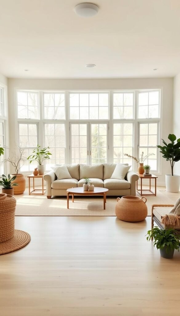 A serene modern farmhouse interior with a neutral foundation. A spacious living room with a wall of windows, allowing natural light to flood the space. The walls are painted in a soft, warm white tone, providing a calming backdrop. The floor is covered in light-colored hardwood, complementing the overall neutral palette. A large, plush sofa in a neutral beige fabric sits in the center, inviting guests to sink in and relax. Scattered throughout the room are natural accents, such as woven baskets, wooden side tables, and potted plants, adding texture and depth. The overall atmosphere is one of tranquility and understated elegance, perfectly embodying the core principles of the modern farmhouse aesthetic.