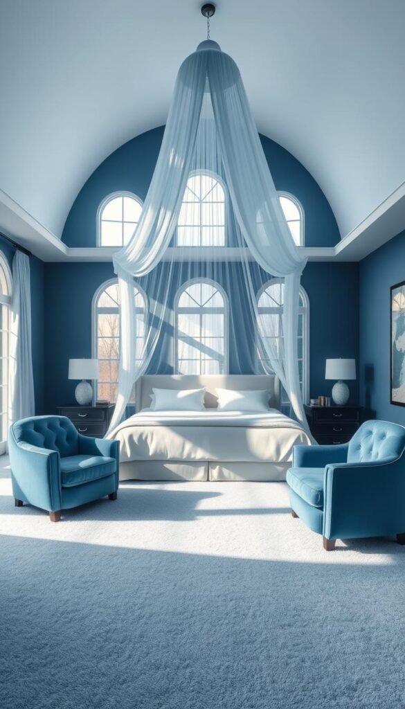 A serene, monochromatic bedroom oasis bathed in soft, azure light. A large, inviting bed with crisp, dove-white linens takes center stage, surrounded by plush, powder-blue carpeting that feels like walking on a cloud. The walls are painted in a deep, indigo hue, creating a tranquil, cocoon-like atmosphere. Tall, arched windows allow natural light to pour in, casting gentle shadows and reflecting off the glossy, navy-toned furniture. A pair of comfy, tufted armchairs in a muted cerulean tone invite relaxation, while a sheer, sky-blue canopy adds a dreamy, ethereal touch overhead. The overall effect is one of peaceful, soothing elegance - a true oasis of blue serenity.