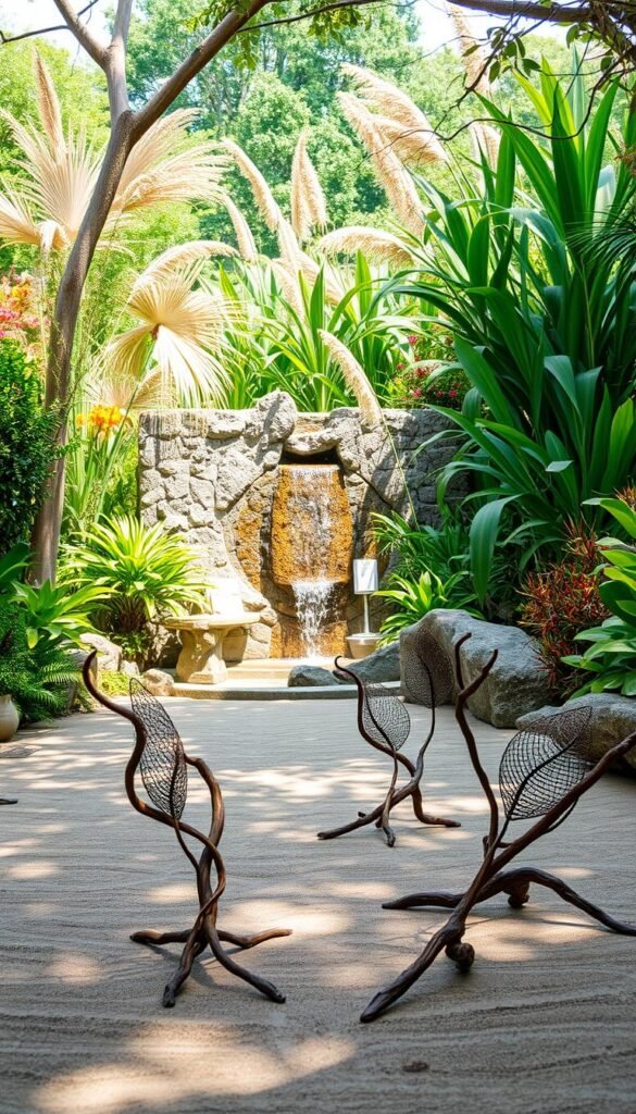 A serene natural landscape adorned with organic art installations. In the foreground, a series of delicate, leaf-shaped sculptures crafted from woven vines and driftwood. Their fluid, undulating forms cast gentle shadows on the earthy, textured floor. The middle ground features a cascading wall fountain, its soothing trickle of water framed by lush, verdant foliage. Tall, swaying grasses and flowering botanicals populate the background, their vibrant hues complemented by warm, diffused sunlight filtering through the canopy above. An atmosphere of tranquility and harmony, evoking a calming, nature-inspired retreat.