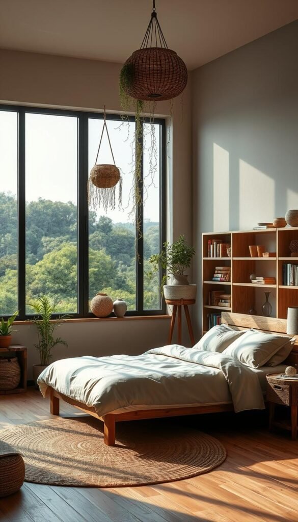 A serene, nature-inspired bedroom with earthy tones and organic textures. A large, picturesque window overlooks a lush, verdant landscape, bathing the room in warm, soft lighting. A cozy, wooden-framed bed with plush, neutral bedding sits at the center, complemented by a rustic nightstand and a floor-to-ceiling bookshelf filled with natural accents. Delicate trailing plants cascade from hanging baskets, and a woven area rug grounds the space. The overall atmosphere is one of tranquility and harmony, inviting the viewer to escape into a peaceful, nature-embracing retreat.