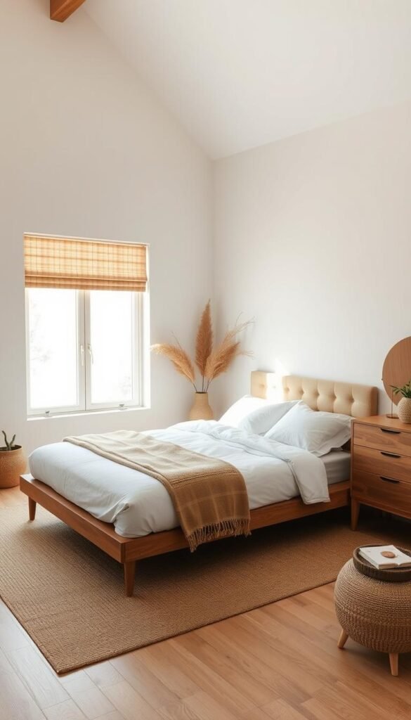 A serene, neutral-toned bedroom with a harmonious balance of natural materials and textures. A large, sun-drenched window bathes the space in soft, diffused lighting, casting a warm, calming glow. The focal point is a minimalist, low-profile bed frame with crisp white linens, complemented by earthy tones in the textiles and accents. Wooden nightstands and a dresser bring organic warmth, while potted greenery and natural fiber decor elements add subtle pops of life. The overall atmosphere is one of tranquility and mindful simplicity, reflecting a balanced and soothing retreat.