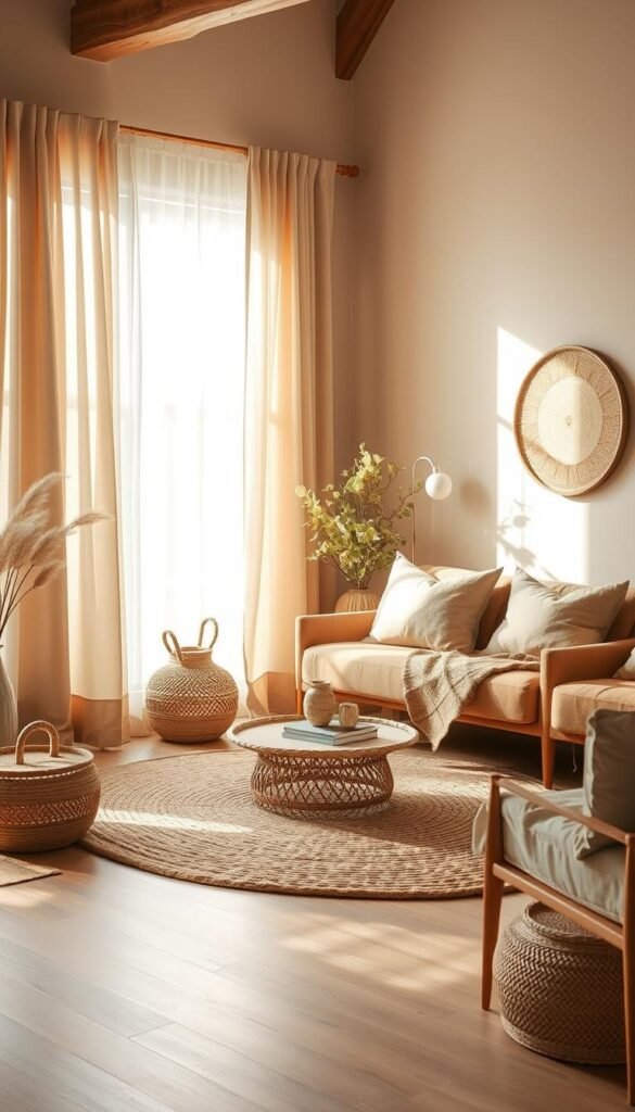 A serene palette of soft, muted tones creates a calming ambiance in this natural living room scene. Warm hues of earthy beige, sage green, and subtle hints of terracotta form the foundation, complemented by the mellow glow of diffused natural light filtering through sheer curtains. Textures like woven baskets, plush woven area rugs, and wooden accents add depth and visual interest, while a minimalist yet cozy arrangement of furnishings suggests a space for quiet contemplation and relaxation. The overall impression is one of tranquility, simplicity, and a connection to the natural world.