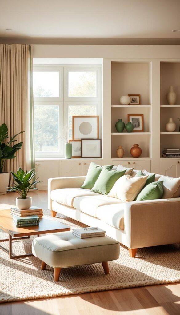 A serene sage green and cream living room with warm, natural lighting. In the foreground, a plush, cream-colored sofa accented with throw pillows in various shades of green. Atop a soft, woven rug, a wooden coffee table holds a stack of books and a potted plant. In the middle ground, built-in shelves display decorative vases and framed art in muted tones. Large, curtained windows line the back wall, allowing sunlight to gently filter in and cast a soft glow throughout the space. The overall atmosphere is one of tranquility and relaxation, perfect for unwinding.