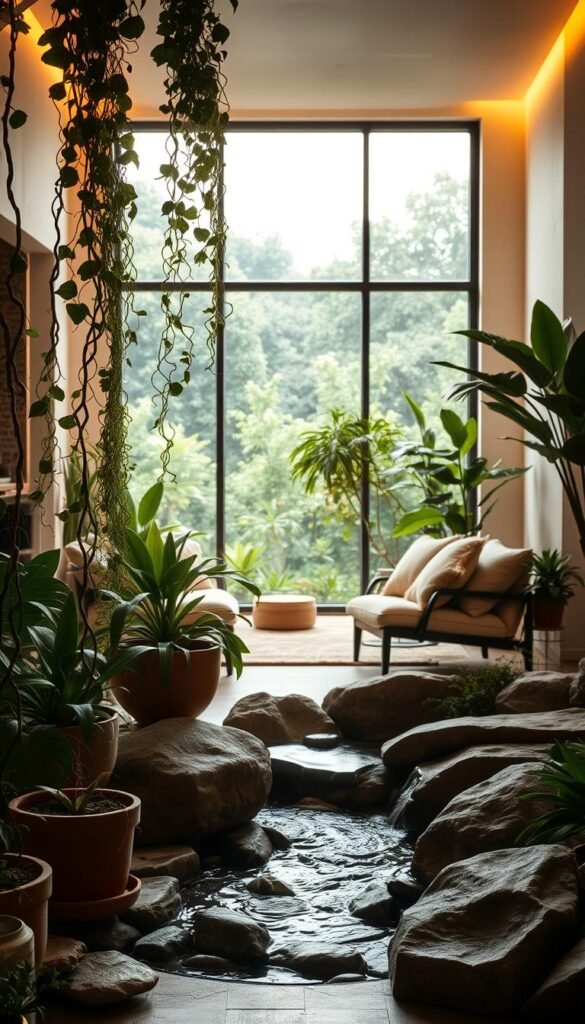 A serene sanctuary filled with natural elements, bathed in warm, diffused light. In the foreground, a harmonious arrangement of potted plants, cascading vines, and a smooth, polished river rock fountain. The middle ground features a cozy, minimalist seating area with plush, earthy-toned fabrics and textiles. In the background, a large window frames a lush, verdant outdoor vista, blending the interior and exterior seamlessly. Soft, indirect lighting creates a tranquil ambiance, while clean lines and organic materials evoke a sense of balance and tranquility. The overall composition embodies the principles of biophilic design, inviting a deep, restorative connection with the natural world.
