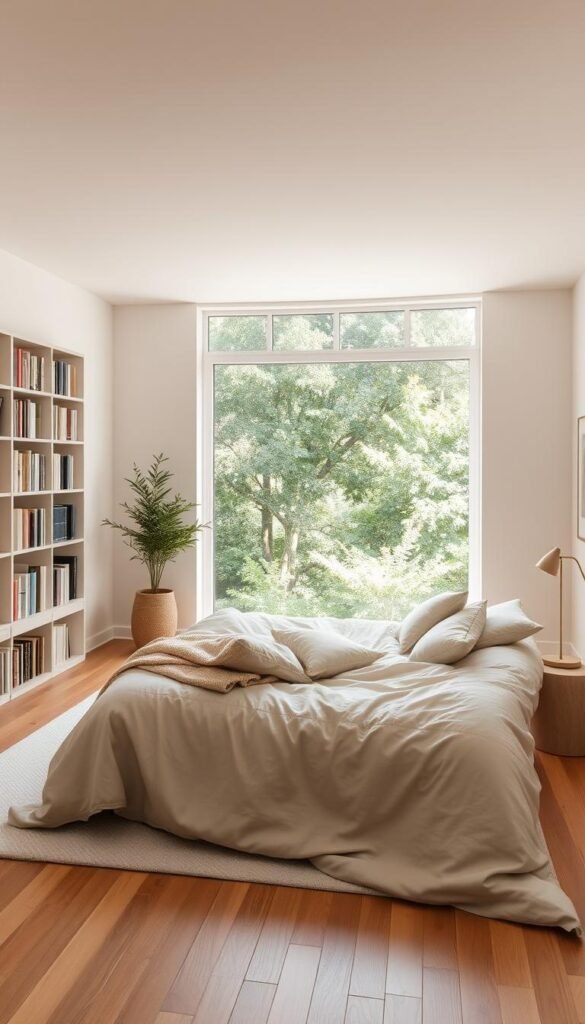 A serene, uncluttered bedroom bathed in soft, natural lighting. The space is dominated by a plush, neutral-toned bed with fluffy pillows and a cozy duvet. Bookshelves line the walls, filled with calming titles. A large window offers a peaceful view of a lush, verdant garden. Warm wooden floors and minimalist decor create a calming, harmonious atmosphere. Soft beige tones and muted accents evoke a sense of balance and tranquility. The overall scene exudes an aura of comfort, relaxation, and psychological well-being.