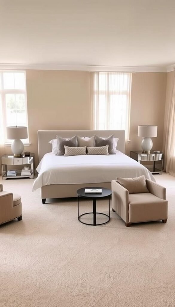A serene, well-balanced bedroom interior with a neutral color palette. The walls are painted in a soft, muted beige, creating a warm and inviting atmosphere. The floor is covered in a plush, off-white carpet, adding to the cozy ambiance. A large, minimalist bed takes center stage, adorned with crisp, white bedding and accented with textured throw pillows in shades of gray and taupe. A pair of elegant nightstands flank the bed, each featuring a simple, modern lamp with a neutral-toned lampshade. In the corner, a comfortable armchair in a neutral tone sits beside a small side table, creating a cozy reading nook. The room is filled with natural light, cascading through large windows dressed in sheer, flowing curtains. The overall aesthetic is one of understated sophistication and serene calm.