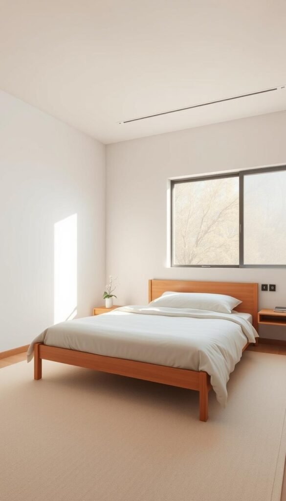 A serene, well-lit minimalist bedroom with a tranquil, cozy ambiance. The focal point is a simple yet elegant wooden bed frame, dressed in soft, neutral bedding. In the background, a large window floods the space with natural light, casting a warm glow and creating a soothing, zen-like atmosphere. Subtle, minimalist decor elements like a small potted plant and a sleek, floating nightstand add to the overall sense of calm and balance. The room is captured from a low angle, emphasizing the spaciousness and airiness of the design. Overall, the image conveys a sense of peaceful, refined simplicity that is characteristic of Korean bedroom design.
