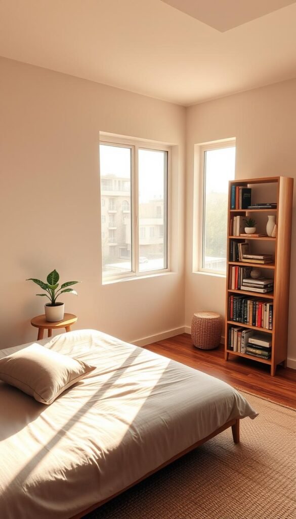 A simple, minimalist Korean bedroom with a cozy, inviting atmosphere. In the foreground, a low platform bed with soft, muted bedding and a plush throw pillow. Beside it, a small, round wooden nightstand with a single potted plant. Across the room, a tall, slim bookshelf filled with neatly organized books and decor. Natural light streams in through large windows, casting a warm, golden glow. The walls are painted a soft, neutral tone, and the floor is covered in a woven natural fiber rug. The overall vibe is serene, calming, and quintessentially Korean.