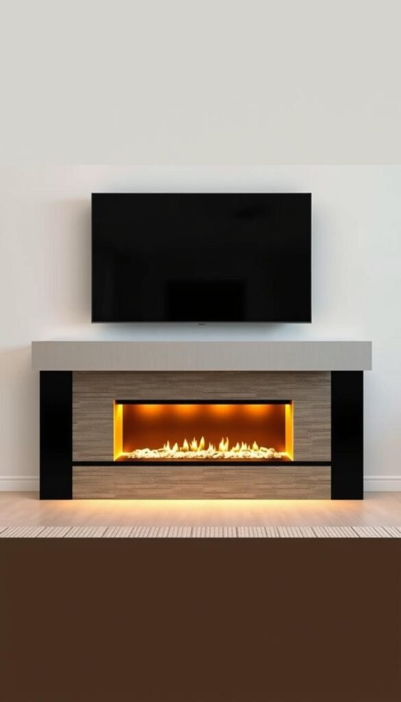 A sleek and modern fireplace TV integration design, showcasing a minimalist floating TV mounted above a contemporary fireplace. The fireplace's clean lines and elegant stone facade create a visually striking focal point, seamlessly blending with the TV's flush-mounted display. Warm, ambient lighting from the fireplace casts a cozy glow, complemented by discreet backlighting behind the TV, illuminating the entire setup. The layout is designed with balance and symmetry in mind, creating a harmonious and visually appealing entertainment space. The scene is captured with a wide-angle lens, highlighting the integration of the fireplace and TV, set against a neutral, airy background that emphasizes the streamlined and sophisticated aesthetic.
