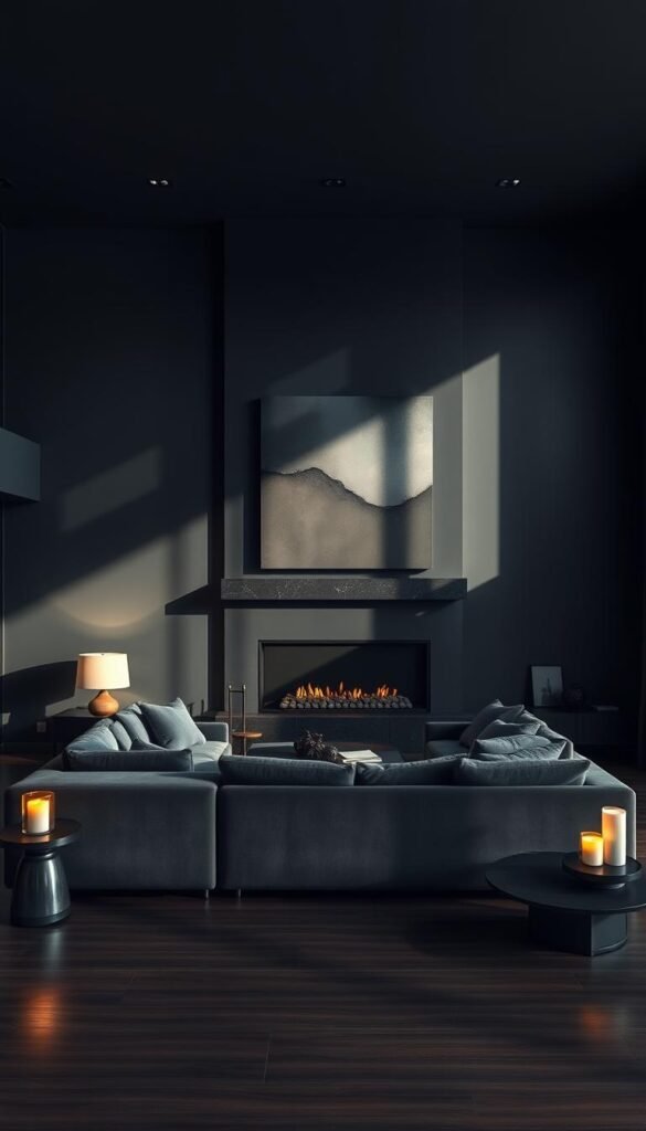 A sleek and modern living room with a moody, atmospheric ambiance. The room features a plush, dark gray sectional sofa positioned in front of a large, minimalist fireplace with a black stone mantle. Soft, indirect lighting casts a warm glow, creating deep shadows and highlights. The walls are painted in a deep, charcoal tone, complemented by polished, dark wood flooring. Strategically placed lamps and candles add to the cozy, intimate feel. A large, abstract piece of art hangs on the wall, casting dramatic shadows. The room is styled with a mix of sculptural, modern decor pieces in muted tones, creating a sophisticated, high-end aesthetic.