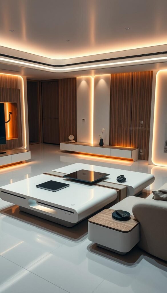 A sleek, futuristic living room with a central, modular piece of smart furniture. The piece is composed of adjustable panels and surfaces that can transform to serve various functions - a coffee table, media console, workstation, and more. The room is bathed in warm, ambient lighting that highlights the furniture's seamless integration of technology. The materials are a mix of polished wood, brushed metal, and advanced composite panels. The furniture's clean, geometric lines are complemented by organic shapes in the decor, creating a harmonious, high-tech aesthetic. Subtle details, such as proximity sensors and voice controls, suggest the furniture's adaptive and intuitive nature. The overall scene conveys a sense of modern luxury and intelligent design.