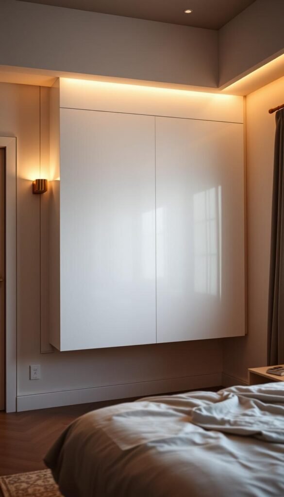 A sleek, minimalist floating wardrobe suspended in a cozy, well-lit small bedroom. The wardrobe's smooth, glossy white panels seem to defy gravity, seamlessly integrated into the wall. Soft, warm lighting from sconces casts a gentle glow, creating an atmosphere of tranquility and spaciousness. The bedroom features muted, earthy tones and simple furnishings, allowing the floating wardrobe to take center stage as a striking focal point. The camera angle captures the wardrobe at a slight upward tilt, emphasizing its lightness and the illusion of it floating effortlessly. This design showcases how a thoughtful, space-saving storage solution can also serve as a stunning, contemporary design element in a compact bedroom. A sleek, minimalist floating wardrobe suspended in a cozy, well-lit small bedroom. The wardrobe's smooth, glossy white panels seem to defy gravity, seamlessly integrated into the wall. Soft, warm lighting from sconces casts a gentle glow, creating an atmosphere of tranquility and spaciousness. The bedroom features muted, earthy tones and simple furnishings, allowing the floating wardrobe to take center stage as a striking focal point. The camera angle captures the wardrobe at a slight upward tilt, emphasizing its lightness and the illusion of it floating effortlessly. This design showcases how a thoughtful, space-saving storage solution can also serve as a stunning, contemporary design element in a compact bedroom.
