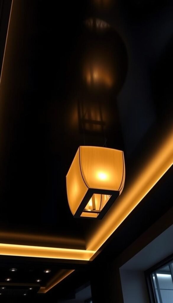 A sleek, modern black ceiling design with a statement lighting fixture that commands attention. The lighting, a dramatic sculptural piece, casts a warm, moody glow across the space, creating an atmosphere of sophisticated luxury. The ceiling is smooth and seamless, with a glossy, reflective surface that amplifies the light and adds depth to the room. The design is minimalist yet impactful, allowing the lighting to be the true star of the show. The overall effect is one of refined elegance, a harmonious balance of form and function that elevates the "fifth wall" into a captivating design element.