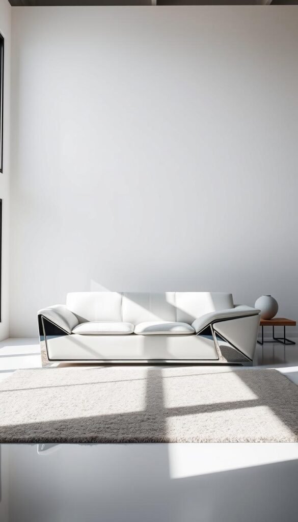 A sleek, sculptural sofa in gleaming chrome and smooth, white leather, its angular form an artistic statement in the center of a modern, minimalist living room. Dramatic overhead lighting casts dramatic shadows, highlighting the piece's bold, geometric silhouette. Pristine white walls provide a clean backdrop, while a large, floor-to-ceiling window floods the space with natural light, creating a sense of openness and tranquility. Subtle, polished wood accents and a plush, neutral-toned area rug ground the composition, lending a touch of warmth and elegance to the otherwise stark, contemporary setting.