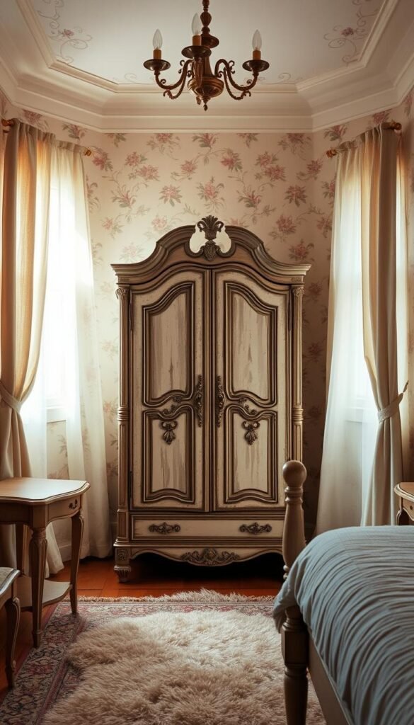 A small bedroom with a vintage-inspired wardrobe, bathed in soft, warm lighting that casts a cozy, nostalgic glow. The wardrobe, an elegant armoire with intricate carvings and a distressed, weathered finish, stands as the centerpiece, flanked by a pair of antique nightstands with intricate turned legs. The walls are adorned with delicate floral wallpaper in a muted palette, creating a timeless, feminine atmosphere. Soft, linen curtains frame the window, allowing the natural light to filter in and further enhance the vintage ambiance. A plush, patterned area rug grounds the space, adding texture and depth. The overall scene exudes a sense of timeless charm and refined elegance. A small bedroom with a vintage-inspired wardrobe, bathed in soft, warm lighting that casts a cozy, nostalgic glow. The wardrobe, an elegant armoire with intricate carvings and a distressed, weathered finish, stands as the centerpiece, flanked by a pair of antique nightstands with intricate turned legs. The walls are adorned with delicate floral wallpaper in a muted palette, creating a timeless, feminine atmosphere. Soft, linen curtains frame the window, allowing the natural light to filter in and further enhance the vintage ambiance. A plush, patterned area rug grounds the space, adding texture and depth. The overall scene exudes a sense of timeless charm and refined elegance.