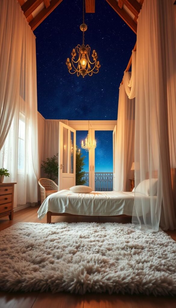 A soft, dreamy bedroom with a canopy bed and sheer curtains flowing in a gentle breeze. The room is bathed in warm, golden light filtering through lace-patterned windows, creating a cozy, intimate atmosphere. In the foreground, a plush area rug in a muted pastel palette complements the natural wood furniture and touches of greenery. The middle ground features a delicate chandelier casting a warm glow, while the background showcases a stunning, starry night sky visible through the open French doors leading to a small balcony. The overall scene evokes a sense of whimsical, romantic escapism.