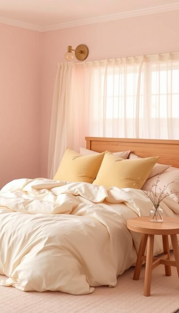 A soft, inviting bedroom with pastel pink and yellow hues. The walls are painted a delicate, barely-there pink that glows in the gentle, warm lighting from a pair of sconces mounted above a wooden headboard. Plush, oversized pillows in muted shades of yellow dot the bed, which is adorned with a lightweight, flowing duvet. Wispy sheer curtains billow softly at the window, casting a dreamy, diffused light throughout the space. A small, round side table in a natural wood tone sits next to the bed, topped with a simple glass vase holding a few delicate flowers. The overall atmosphere is one of calm, tranquil sophistication.