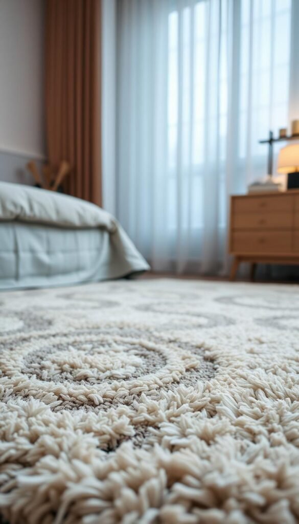 A soft, plush textured rug adorns the bedroom floor, its inviting surface a haven for bare feet. The rug's intricate pattern features a blend of neutral tones and subtle metallic accents, creating a warm and cozy ambiance. Diffused lighting casts a gentle glow, highlighting the rug's luxurious texture and adding to the room's serene atmosphere. The rug's placement anchors the space, seamlessly blending with the surrounding decor to create a harmonious and visually appealing scene, perfect for a comfortable and relaxing bedroom experience.