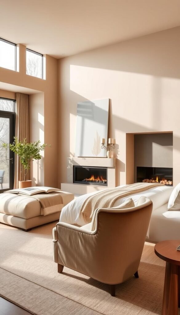 A sophisticated and chic modern beige bedroom, bathed in warm, diffused lighting from large windows. The design features clean lines, minimalist furniture, and luxurious textures - plush bedding, a velvet armchair, and a contemporary fireplace. Beige walls create a calming, elevated atmosphere, offset by the occasional pop of greenery and natural wood accents. The overall effect is one of understated elegance and timeless style, demonstrating how beige can be transformed into a design powerhouse.