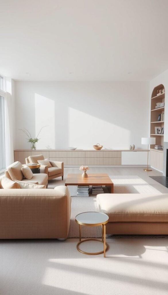 A spacious, airy living room with a neutral color palette and clean, minimalist lines. Soft, diffused lighting filters in through large windows, creating a cozy, serene atmosphere. A plush, oversized sofa in a muted beige tone dominates the foreground, complemented by a pair of matching armchairs. A low, wooden coffee table with a simple, elegant design sits in the middle, while a subtle, textured area rug grounds the space. The background features built-in shelving units, displaying carefully curated decor pieces and books. Understated yet refined details, such as a sculptural floor lamp and a delicate, metallic accent table, add touches of quiet luxury throughout the room.