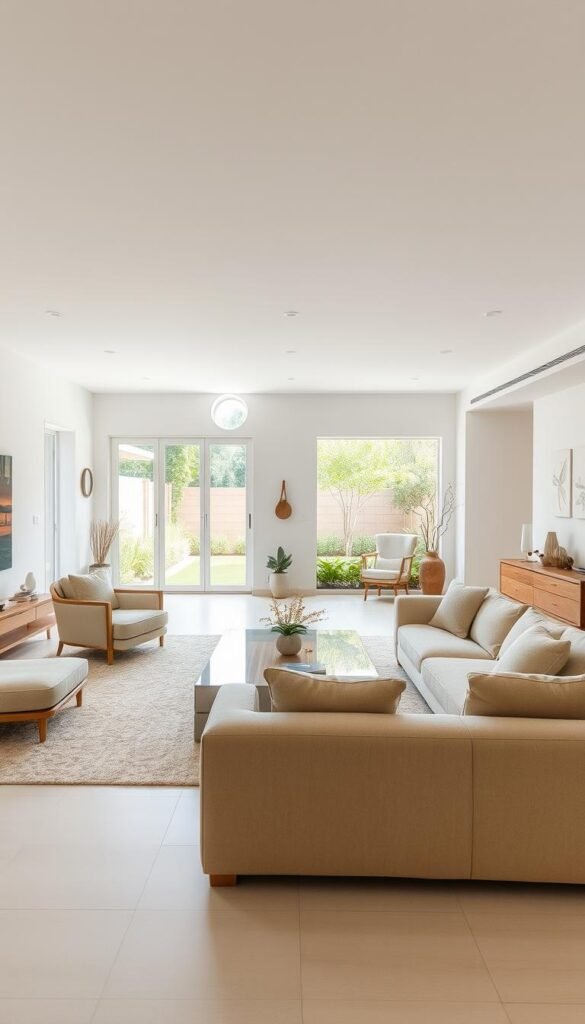 A spacious and airy living room with a neutral color palette. The room is flooded with natural light, illuminating the minimalist design and clean lines. In the foreground, a plush beige sofa and matching armchair create a comfortable seating area. The middle ground features a large, modern coffee table with a simple glass top. On the walls, neutral-toned artwork and wall hangings add subtle visual interest. The background showcases large windows overlooking a serene garden, blending the indoor and outdoor spaces. The overall atmosphere is calm, tranquil, and conducive to relaxation. The lighting is soft and diffused, creating a warm and inviting ambiance.
