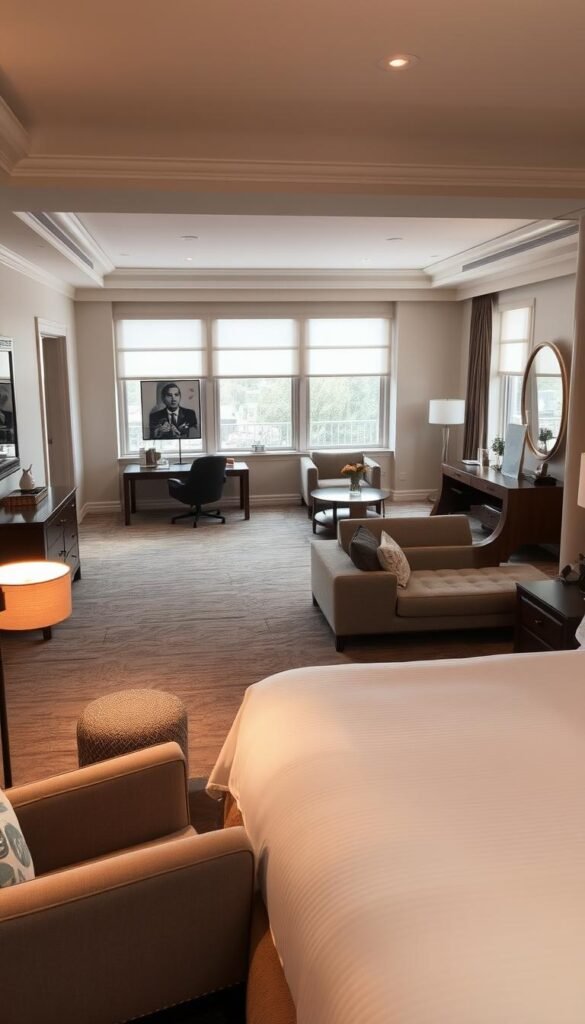 A spacious and elegantly designed king bedroom showcasing distinct zones for different activities. In the foreground, a cozy reading nook with a plush armchair and a floor lamp casts a warm glow, inviting relaxation. In the middle ground, a luxurious king-size bed with crisp white linens and decorative pillows is the central focus, flanked by matching nightstands. Behind the bed, a dedicated workspace features a sleek, wooden desk and a comfortable office chair, illuminated by natural light from large windows. The background features a serene sitting area with a loveseat and a coffee table, creating a harmonious flow between the different zones. The overall atmosphere is one of refined sophistication, with muted tones, indirect lighting, and high-quality furnishings.