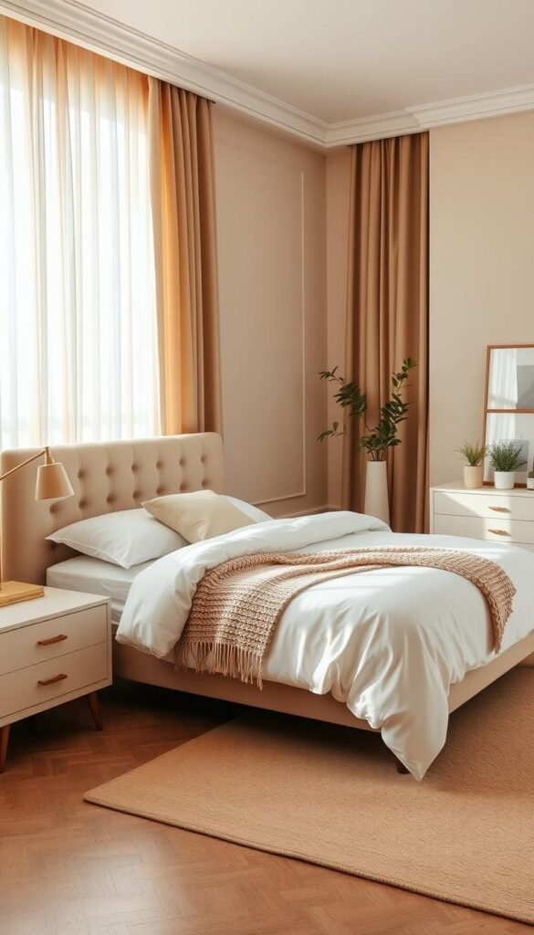 A spacious and inviting beige bedroom with warm, natural lighting filtering through gauzy curtains. Plush tufted headboard, crisp white bedding, and a cozy knitted throw add a touch of luxurious comfort. Elegant midcentury modern nightstands, a minimalist floor lamp, and a subtle beige area rug create a harmonious, high-end ambiance. Framed artwork and potted plants on the dresser lend a polished, design-forward aesthetic. Soft, diffused light casts a serene glow, while the overall palette of soft neutrals exudes a sense of tranquility and sophistication.