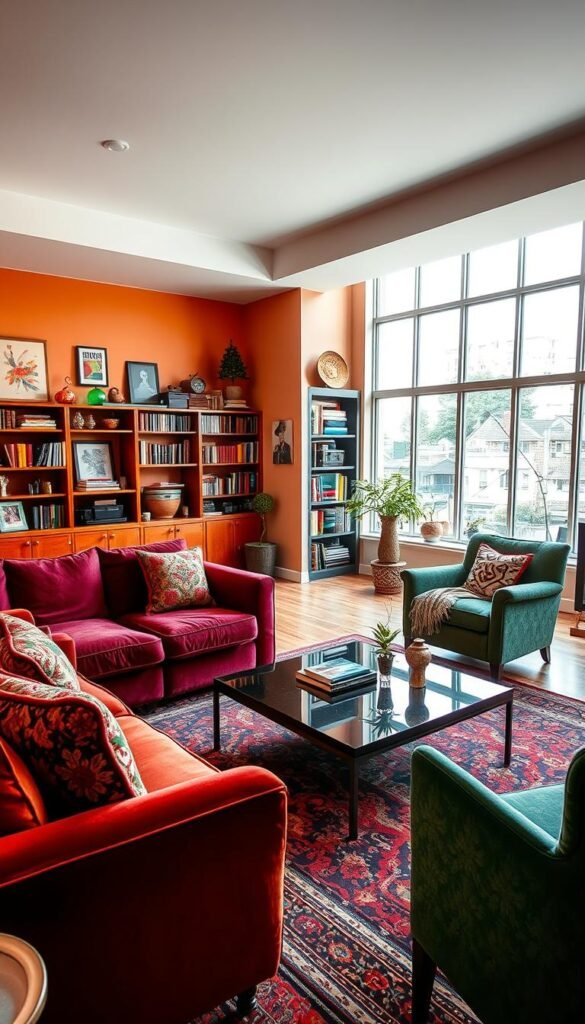 A spacious and inviting living room with a harmonious blend of vibrant colors. The foreground features a plush, jewel-toned sofa adorned with ornate throw pillows, complemented by a cozy armchair in a contrasting hue. In the middle ground, a sleek, modern coffee table stands atop a richly patterned area rug, while bookshelves filled with eclectic decor line the walls. The background showcases large windows that flood the space with natural light, illuminating the room's vibrant palette. Soft, diffused lighting creates a warm, welcoming atmosphere, inviting the viewer to imagine themselves relaxing in this creatively designed, personality-filled living room.