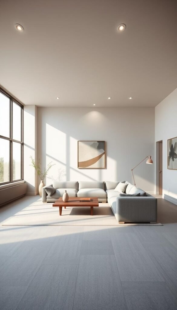 A spacious and minimalist living room with clean lines and a muted color palette. A large, plush gray sofa takes center stage, complemented by a low, wooden coffee table. The walls are adorned with a few carefully-selected abstract art pieces, casting soft shadows. Indirect lighting from recessed ceiling fixtures and a single, minimalist floor lamp creates a warm, ambient glow. Large windows allow natural light to flood the space, casting a serene, tranquil atmosphere. Sparse decor, such as a potted plant and a sleek vase, add subtle touches of natural elements. The overall design exudes a sense of elegant simplicity and refined sophistication.