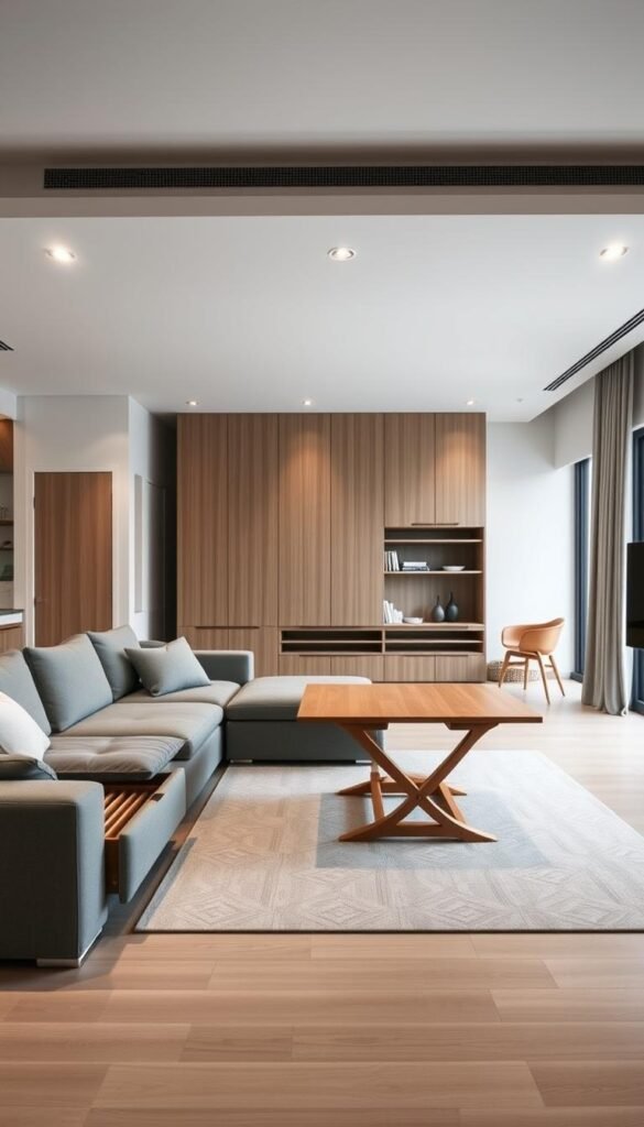 A spacious and well-lit modern living room featuring a modular sectional sofa with hidden storage compartments and a foldable, height-adjustable coffee table that transforms into a dining surface. In the background, a sleek wall unit with built-in shelves and cabinets provides additional storage and display space. Soft, diffused lighting from recessed ceiling fixtures and a large window illuminates the room, creating a warm and inviting atmosphere. The minimalist color palette of grays, whites, and natural wood tones emphasizes the clean, versatile design of the multifunctional furniture pieces, which maximize the limited square footage.