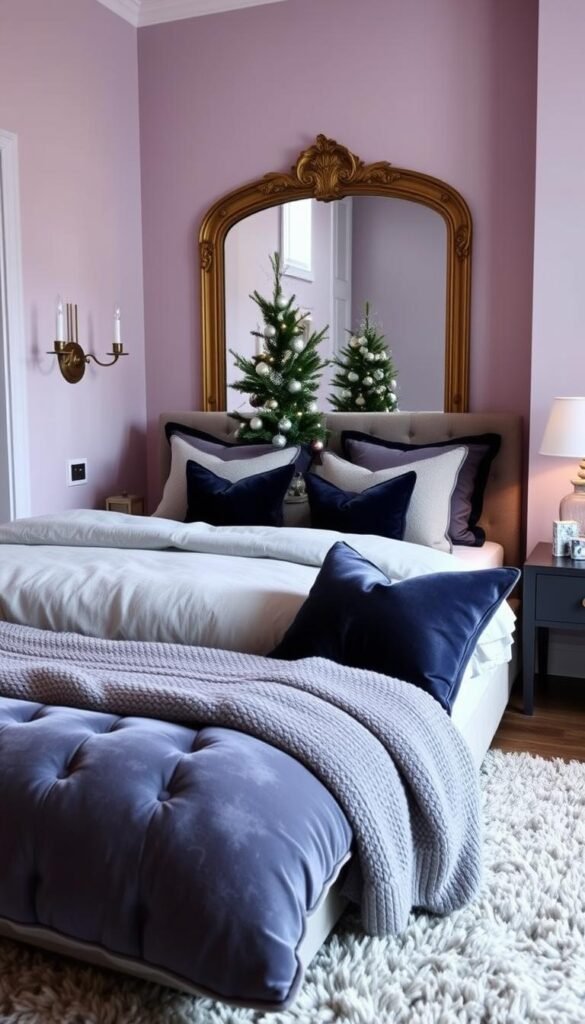 A spacious, cozy bedroom bathed in soft, muted tones. The walls are painted in a soothing shade of lavender, complemented by the plush, textured bedding in shades of gray and navy. A large, ornate mirror reflects the warm, ambient lighting from the brass sconces and a small, elegant Christmas tree adorned with delicate silver and blue ornaments. Plush, oversized pillows in velvet and knit textures invite relaxation, while a shaggy, neutral-toned rug adds depth and comfort underfoot. The overall atmosphere is one of tranquility and sophistication, creating an alternative Christmas bedroom color scheme that exudes elegance and serenity.