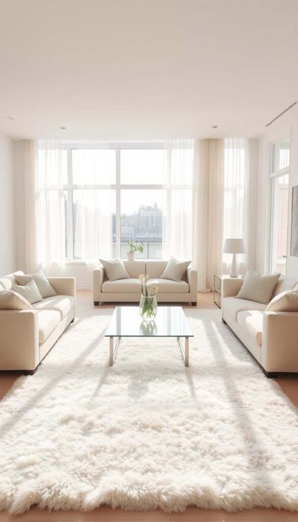 A spacious, luminous living room bathed in a serene, all-white palette. Plush, cream-colored sofas and armchairs arranged around a minimalist, glass-topped coffee table. The room is flooded with natural light streaming through large, floor-to-ceiling windows, creating a bright, airy atmosphere. Crisp, white walls provide a clean backdrop, while delicate, sheer curtains gently sway in the breeze. A fluffy, white area rug grounds the space, complemented by a variety of soft, textured throw pillows. Subtle, recessed lighting casts a warm, even glow, highlighting the room's architectural details. An overall sense of tranquility and uncluttered sophistication pervades the scene.