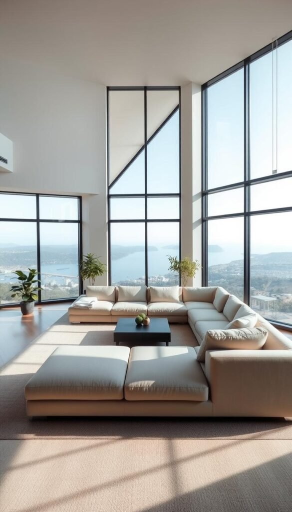 A spacious, modern living room with a large, L-shaped sofa arrangement positioned in front of a wall-to-wall window. The sofa is upholstered in a sleek, neutral tone that complements the clean, minimalist aesthetic of the room. Soft, diffused natural light streams in through the expansive window, creating a warm and inviting atmosphere. The room is accented with contemporary decor elements, such as a low-profile coffee table and a few potted plants, which add subtle pops of greenery. The layout is designed to maximize the stunning views outside, allowing the occupants to relax and unwind while enjoying the abundance of natural light.