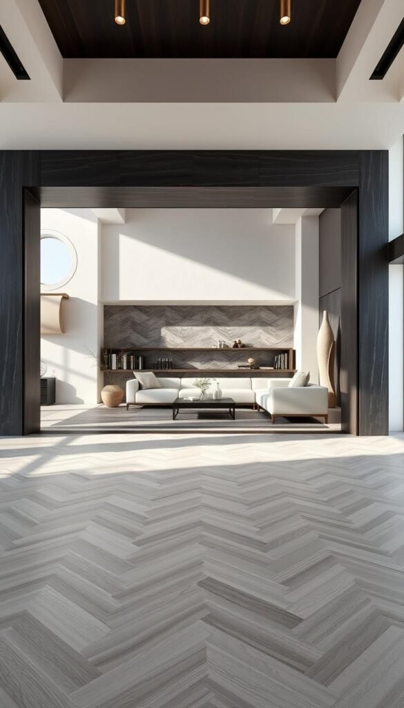 A spacious modern living room with a striking contrast between light and dark tile flooring. In the foreground, smooth, light-colored tiles in a herringbone pattern create a sense of airiness and openness. In the middle ground, a dramatic border of dark, rich tiles frames the lighter flooring, adding depth and visual interest. The background features a mix of the light and dark tiles, creating a captivating play of light and shadow that accentuates the room's architectural elements. Soft, diffused lighting from overhead fixtures casts a warm, inviting glow, enhancing the luxurious and sophisticated ambiance. The overall composition evokes a harmonious balance between the serene and the dramatic, reflecting the duality of "Light vs. Dark Tiles for Space and Drama".