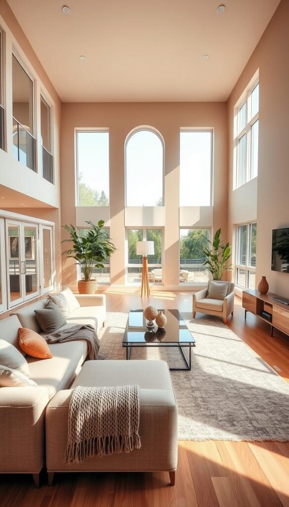 A spacious, sun-drenched modern living room with high ceilings and large windows, showcasing an elegant furniture layout. In the foreground, a plush sectional sofa in neutral tones, accented by throw pillows and a cozy knit blanket. Placed strategically in the middle ground, a sleek glass-topped coffee table and a pair of comfortable armchairs. The background features a statement floor lamp and a minimalist TV console, all set against a backdrop of warm, muted wall colors and lush potted plants. The entire scene is bathed in natural light, creating a serene and inviting atmosphere. Captured with a wide-angle lens to emphasize the room's expansive dimensions.