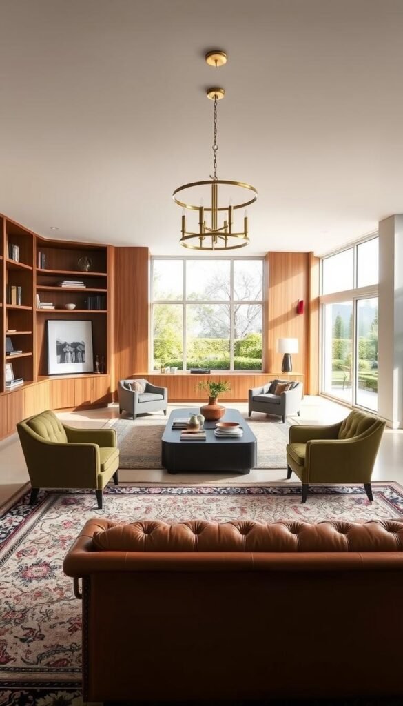 A spacious, sunlit living room with a sophisticated modern classic aesthetic. In the foreground, a plush, tufted leather sofa in a rich camel hue sits atop a vintage-inspired patterned rug. Framing the sofa, a pair of sleek, angular armchairs upholstered in a muted olive green. On the far wall, floor-to-ceiling bookshelves in a warm wood tone, accented by tasteful decorative objects and artworks. Soft, indirect lighting from a statement brass chandelier casts a gentle glow throughout the room. Large windows overlook a tranquil garden scene, blending the indoor and outdoor spaces seamlessly. The overall mood is one of timeless elegance and refined comfort.