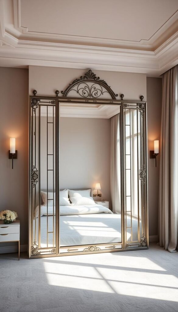 A spacious, well-lit bedroom with a large, ornate mirror taking center stage. The mirror is framed in a sleek, modern metal design with clean lines and geometric patterns, creating a striking visual contrast against the soft, neutral tones of the room. Soft, ambient lighting from sconces and a large window floods the space, casting a warm, inviting glow that accentuates the mirror's reflective surface. The mirror's placement is strategic, positioned to maximize the illusion of depth and amplify the sense of space, while also serving as a focal point that draws the eye. The overall atmosphere is one of understated elegance and refined sophistication, perfectly complementing the luxurious and harmonious bedroom design.