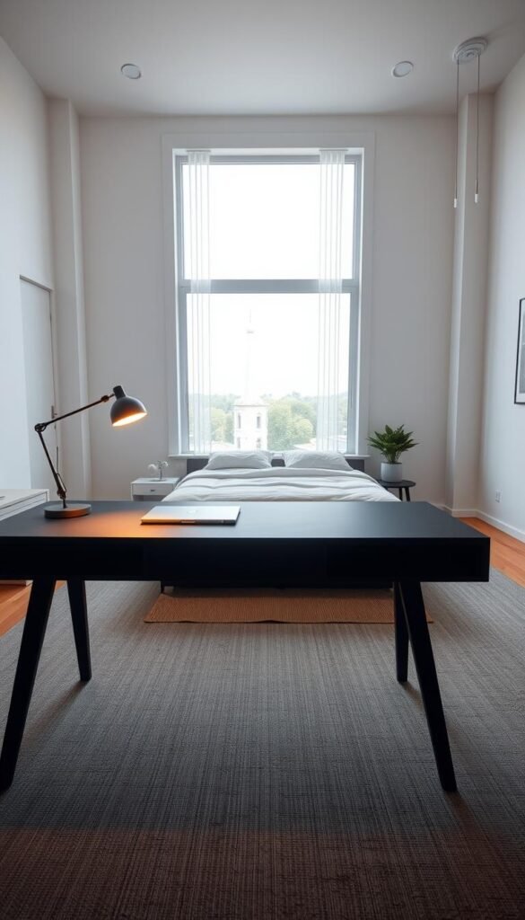 A spacious, well-lit bedroom with a modern, minimalist aesthetic. In the foreground, a large, uncluttered desk sits opposite the neatly made bed, creating a clear division between work and rest. The desk is clean-lined, with a sleek, matte black surface and sturdy, angular legs. A single, elegant lamp illuminates the workspace, casting a warm, focused glow. In the middle ground, the bed is dressed in crisp, white linens, with a small side table and a potted plant adding a touch of greenery. The background features a large window, allowing natural light to flood the room and providing a serene, calming view of the outdoors.
